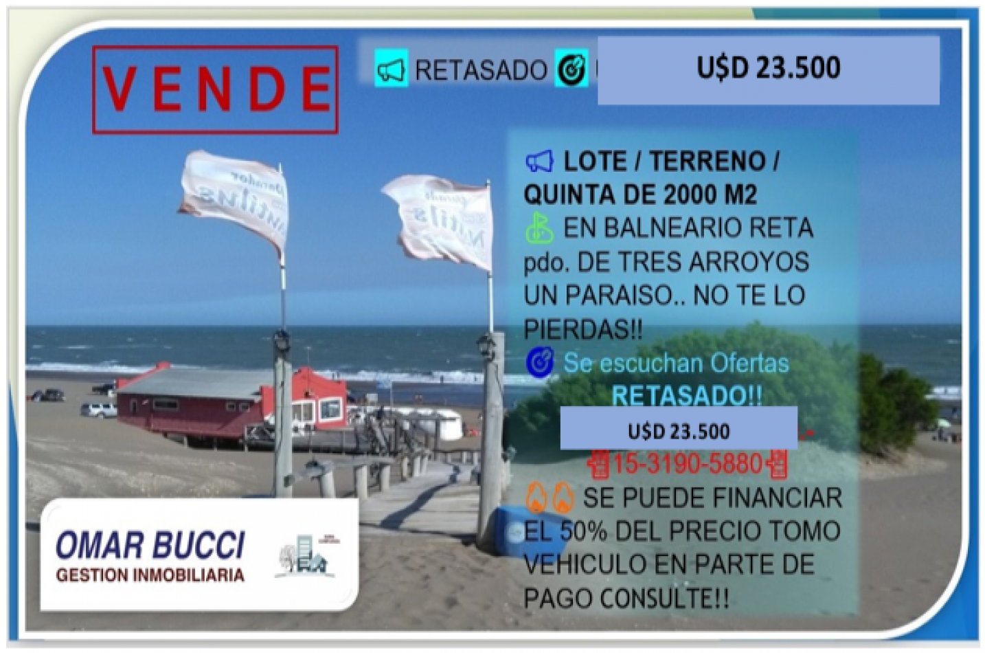 LOTE EN ZONA DE QUINTAS EN BALNEARIO RETA, PARTIDO DE TRES ARROYOS.