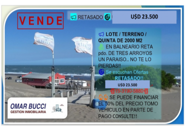 LOTE EN ZONA DE QUINTAS EN BALNEARIO RETA, PARTIDO DE TRES ARROYOS.